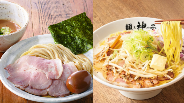 (左)「特製しんちゃんつけめん」1,600円/(右)「プレミアム味噌白湯バター入」1,500円