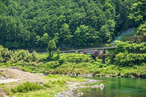 清流と緑に包まれた山あいを走る長良川鉄道。明宝エリアも沿線に位置しています