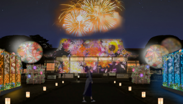 広場正面の江戸東京たてもの園ビジターセンターは、鮮やかな花のプロジェクションマッピングで彩られます