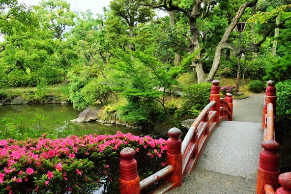 園内に架かる赤い太鼓橋(画像提供:POPO / PIXTA)