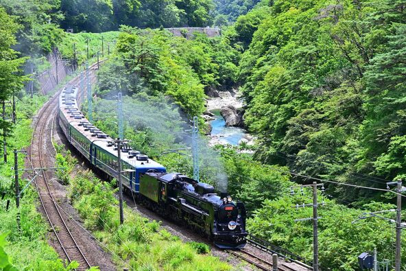 みなかみ町の諏訪峡を走るSLぐんま