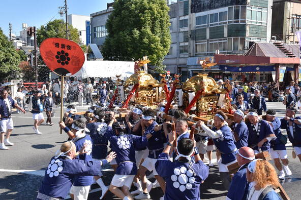 勇壮な神輿(みこし)の練り歩きに子供たちもテンションアップ!