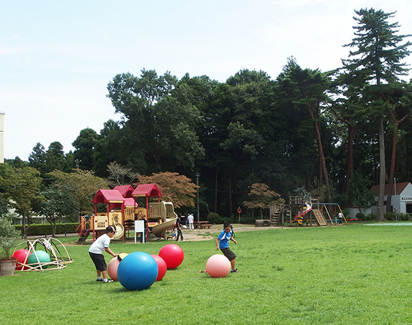 芝生広場では、ビッグボールやドッヂビー、アスレチックで思いっきり遊べます