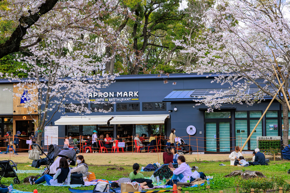「飛鳥山公園」のカフェ前に咲くさまざまな桜(画像提供:yama1221 / PIXTA)※春の様子です