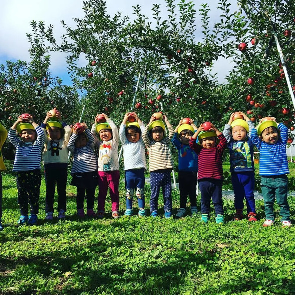 「塩崎農園」でりんご狩りをする子供たち