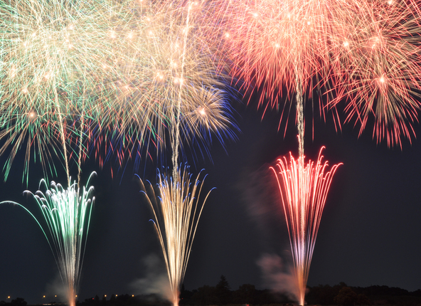 荒川の河川敷に広がる「秋ケ瀬総合運動場」で、多彩な花火が夜空に咲き誇ります