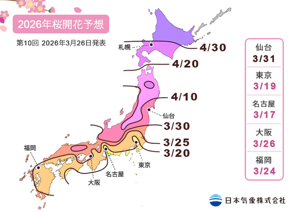 日本気象株式会社2026年3月26日発表 「2026年第10回桜の開花予想マップ」(https://n-kishou.com/corp/news-contents/sakura/)