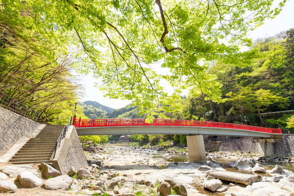 待月橋の朱色と青もみじのコントラストが美しい(画像提供:はなちょこ / PIXTA)