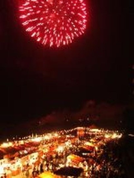 那珂川対岸に打ち上がる花火が夜空を華やかに彩ります