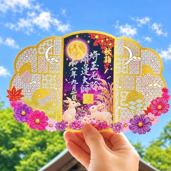 秋限定切り絵御朱印『秋月麗華』。中央に満月と二羽のうさぎ、金箔の切り絵が施された華やかなデザイン