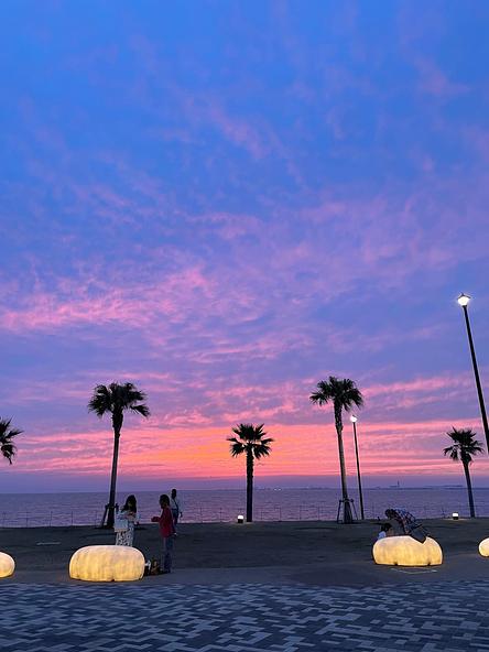 会場から見える大阪湾に沈む夕日