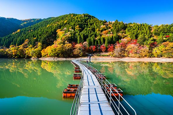 奥多摩湖のシンボルともいえる湖面の橋(画像提供:まちゃー / PIXTA)