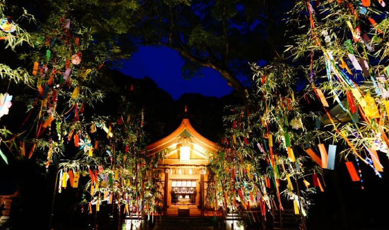 福岡・太宰府の竈門神社で七夕祭り<br/>プロジェクションと竹灯りで演出!
