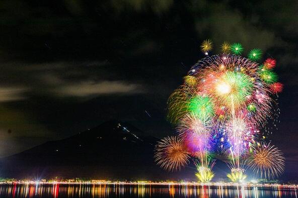 夜空に浮かぶ花火が湖面を鮮やかに照らします