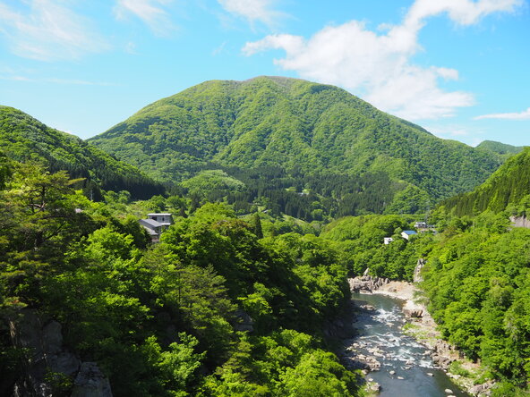温泉街近くの雄大な大川（阿賀川）の渓谷