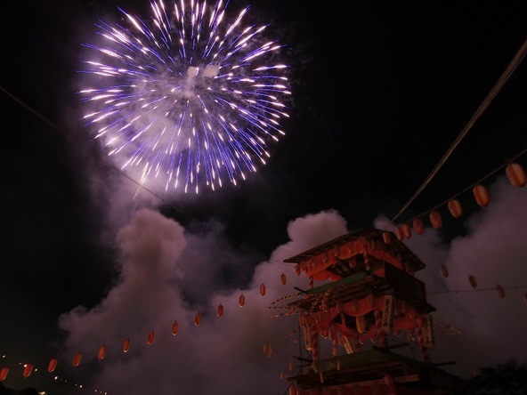 「渡良瀬川」をバックに満開の花火が打ち上がります