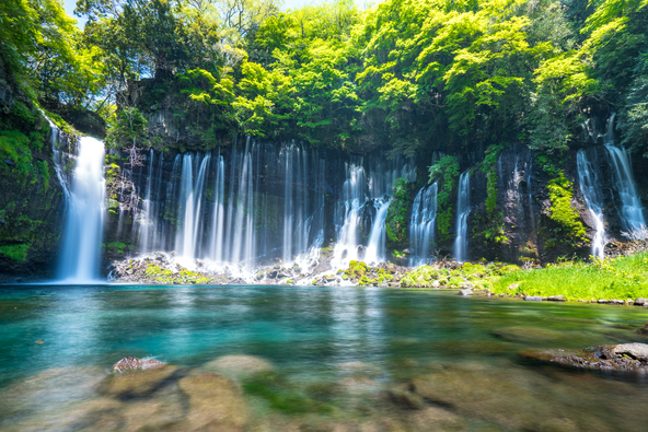 絶壁から白い絹糸のように水が落ちる「白糸の滝」（画像提供：まちゃー / PIXTA）