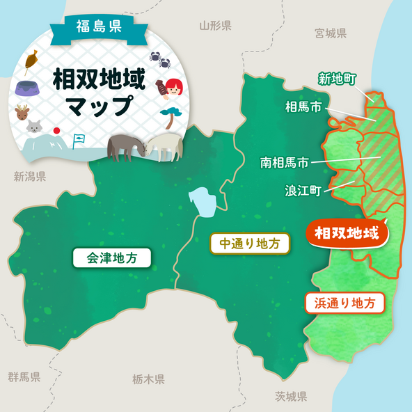 相双地域は、福島県の浜通り地方のうち、いわき市より北側に広がる、南北に長いエリア。東西約35km、南北約81kmと、地図で見るとスリムな形をしていて、太平洋に面した海沿いのまちから山あいの集落まで、表情がとても豊かです。平野部ではお米や野菜の生産、山間部では林業や畜産業が盛ん。海・山・里の恵みがぎゅっと詰まった地域です