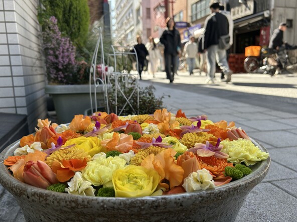 可憐な花々が浮かんだ花手水が訪れる人々をおもてなしします