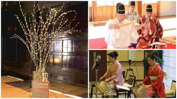 お正月を祝う生け花が玄関や式台に飾られた、新春の雰囲気のなかで、日本の伝統芸能を楽しめます