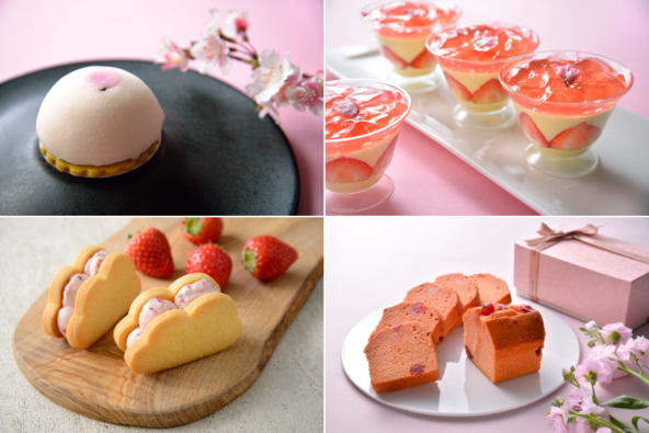 （上段左より） 桜レアチーズ850円、桜とピスタチオのフレジェ仕立て800円 ／ （下段左より）東京雲海クッキーサンド～春のいちごmix～3,000円、 桜といちごのパウンドケーキ5,000円
