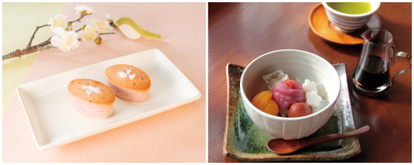 （左）「あんやき（梅）」（250円）、（右）「天神梅あんみつ」（670円）