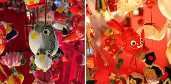 左から）フクロウ（不苦労）、鯛（めでタイ）