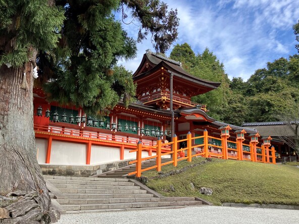 原始林の緑に鮮やかな朱塗りの社殿が鎮座する荘厳な光景が見られます
