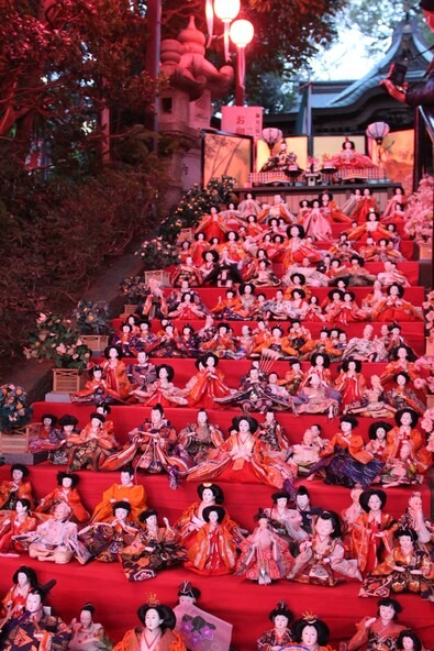 ぼんぼりのピンク色の明かりで照らされる、ひな人形のライトアップも必見！