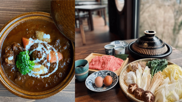 （左）土鍋ビーフシチュー　（右）伊賀焼の陶板で味わう千葉県産A4ランク牛のすき焼き（ディナーのみ）