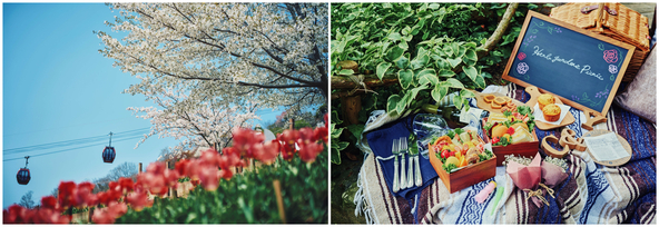 （左）神戸や京阪神のまちなみを楽しんだ後は、山桜やチューリップがお出迎え♪、（右）手ぶらでワンランク上のピクニック（ガーデンピクニックイメージ）