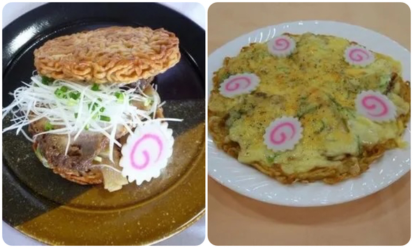 オリジナル商品「喜多方ラーメンバーガー」と「ラーメンピザ」