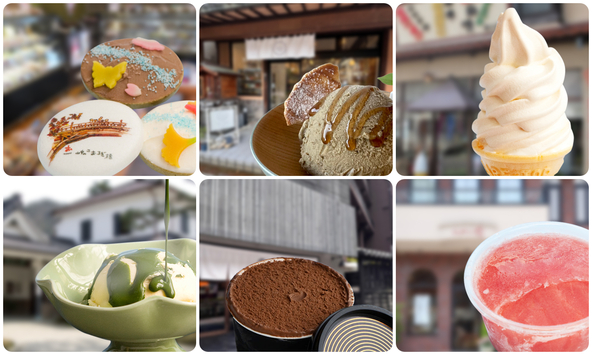 （左上）「最中アイス」山海堂／（中上）「牧場ジェラート」Amu Cafe&Shop／（右上）「温泉玉子ソフトクリーム」小出仙／（左下）「抹茶でアフォガード」芭蕉の館／（中下）「GATO Chocolat」 GATOMIKIO/1／（右下）「ベジフルシャーベット」なかまさ