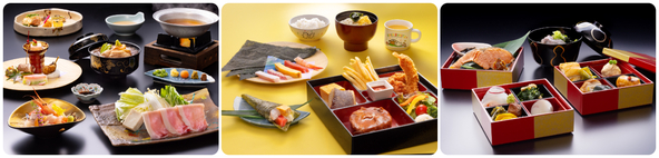 （左）能登豚しゃぶしゃぶ会席／（中）キッズメニュー／（右）加賀朝食