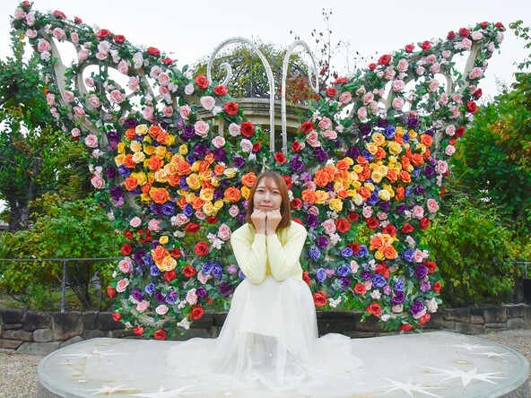 バラのフェイクフラワーで装飾されたバタフライ。美しく羽を広げたような写真が撮影できます
