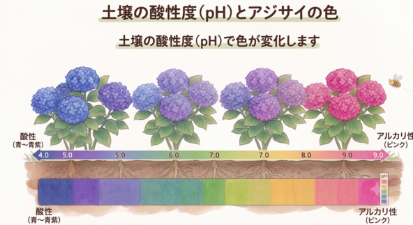 酸性（pH5.0〜5.5）の場合青色、アルカリ性（pH6.5〜）はピンク色に変化します
