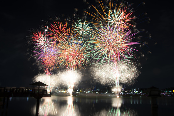 夏の狭山池の夜空を彩る花火