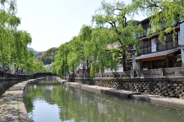 温泉街の中心に大谿川（おおたにがわ）が流れています