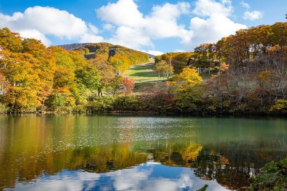エメラルドグリーンと紅葉のグラデーション