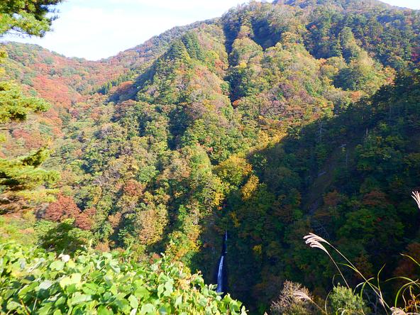2段になって流れ落ちるつむじ倉滝と紅葉